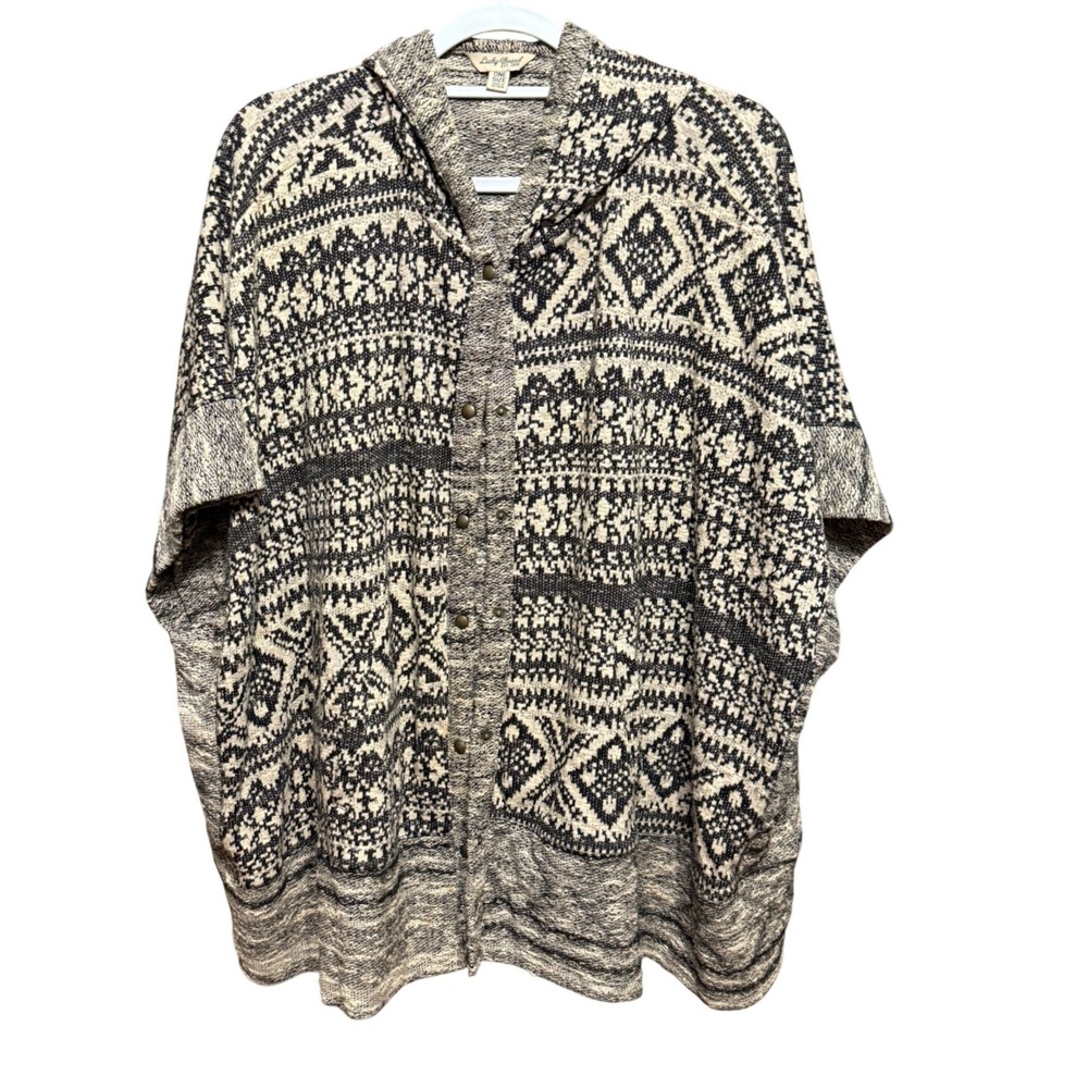 Lucky Brand Fair Isle Hooded Poncho Sweater Black Cream One Size